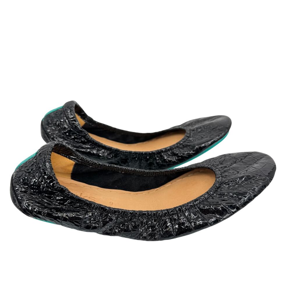 Tieks shoes women's 9 ballet flats patent leather slip on obsidian black teal.